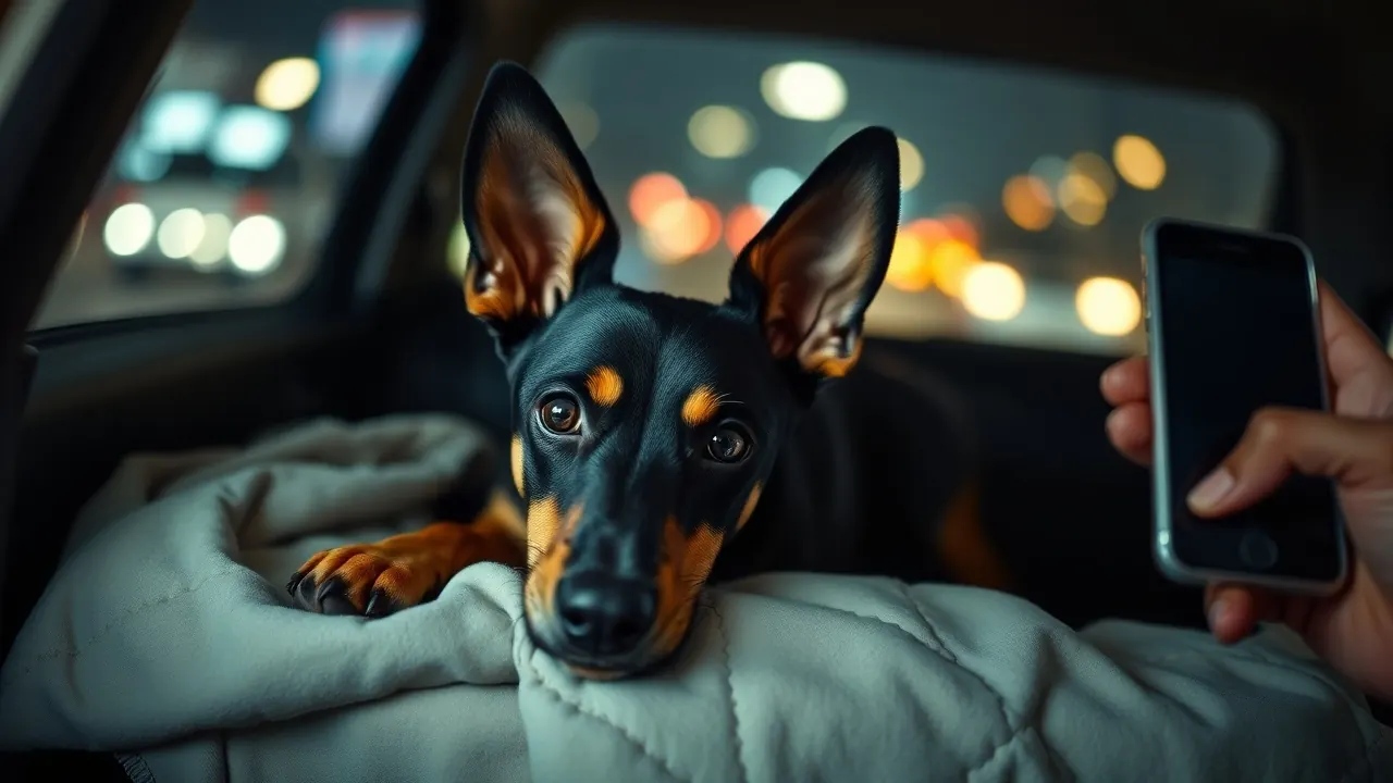 A black and tan street dog rests on a car back seat at night on the way to a vet