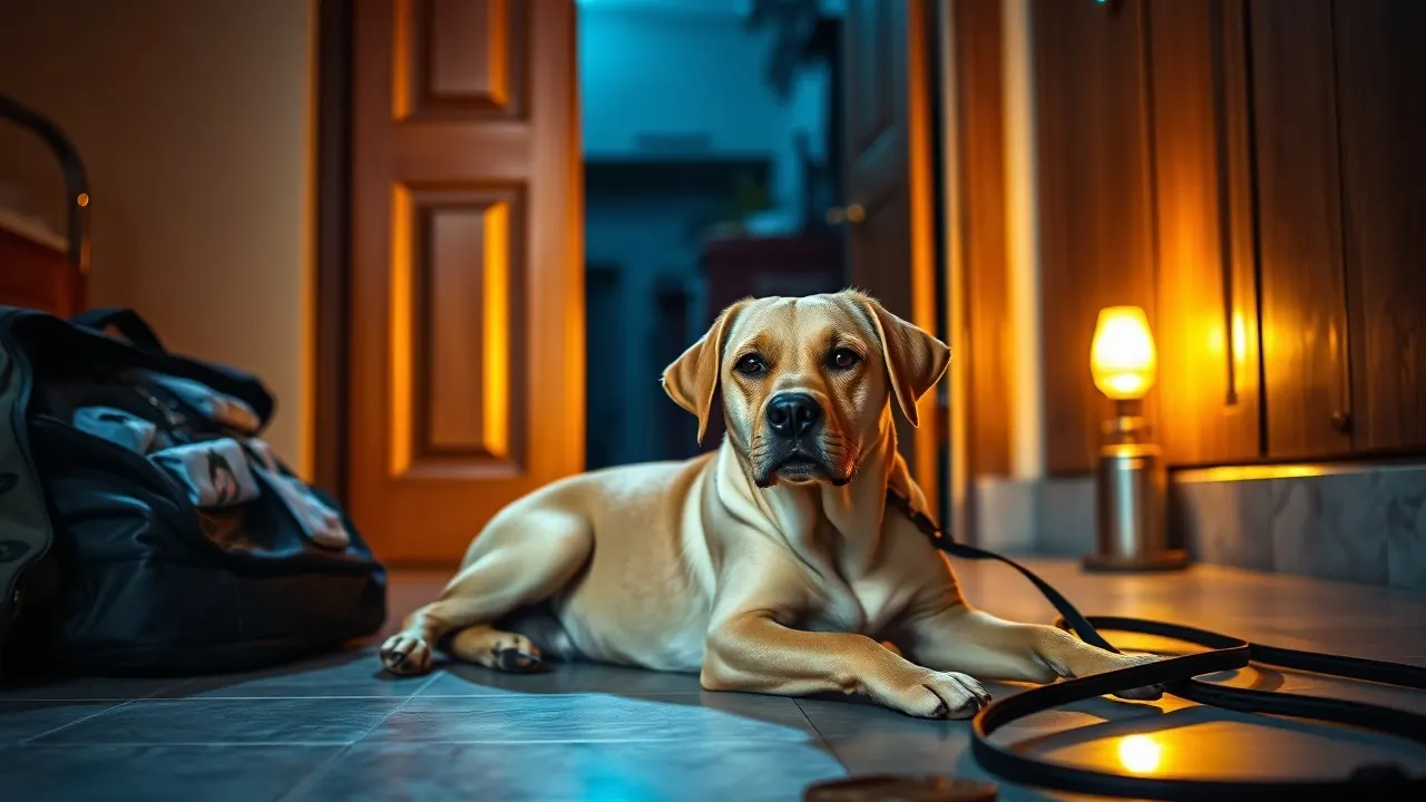 A fawn Labrador lies alert by the front door at night beside a packed bag and leash