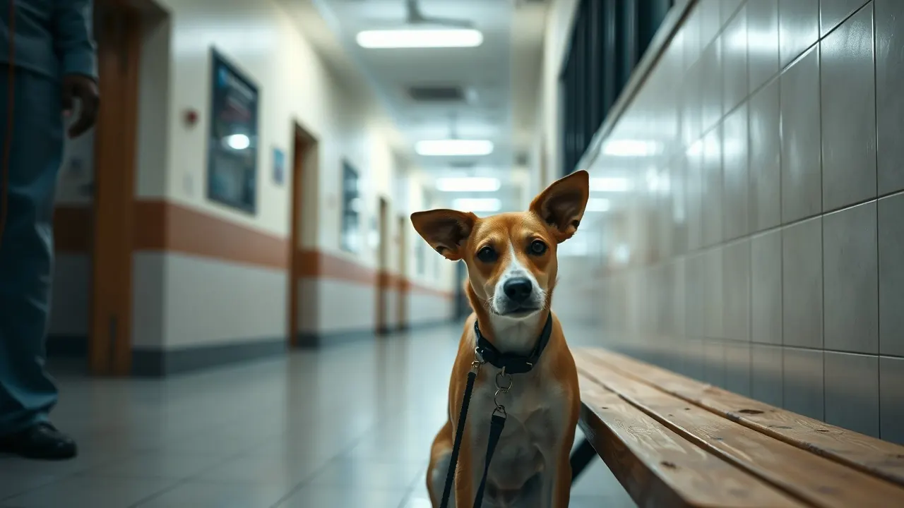 A tan and white Indian pariah dog waits on a leash in a 24 hour government vet hospital corridor