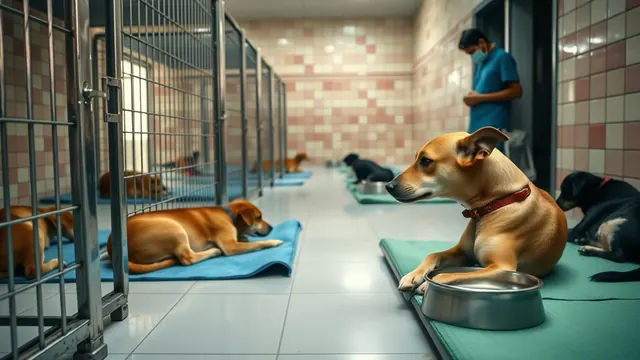 Recovering Indian community dogs rest in clean steel kennels at a municipal sterilisation centre