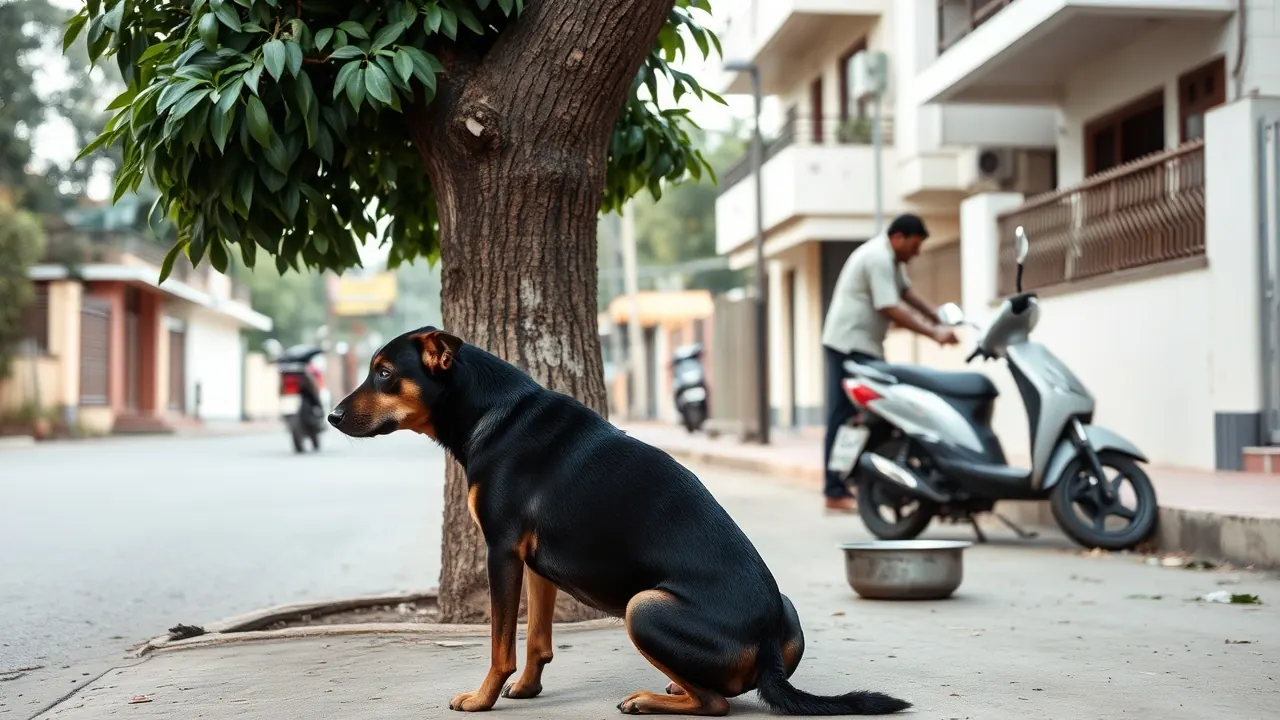 Community dog with a notched right ear sits by a tree on a Bengaluru street as a resident sets down water