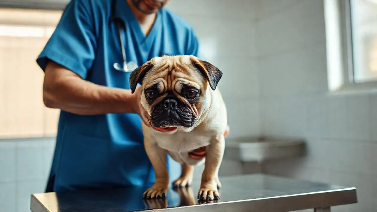 A vet listens to a calm Pug's chest in a clinic, a check-up for air pollution effects on dogs