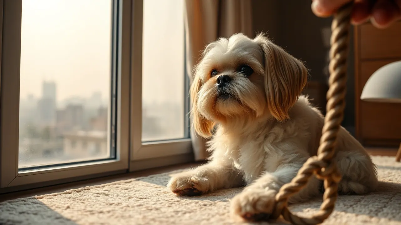 A Shih Tzu indoors by a closed window as smog hangs over Delhi, a winter air pollution day for dogs