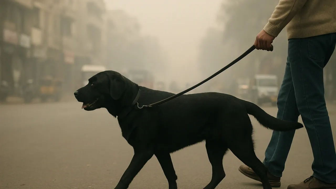 A black Labrador walks on a leash along a smoggy Indian city street, showing poor AQI days for dogs