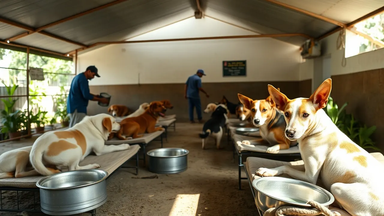 Healthy rescued dogs rest at an Indian shelter, where many animal cruelty cases in India end up for care