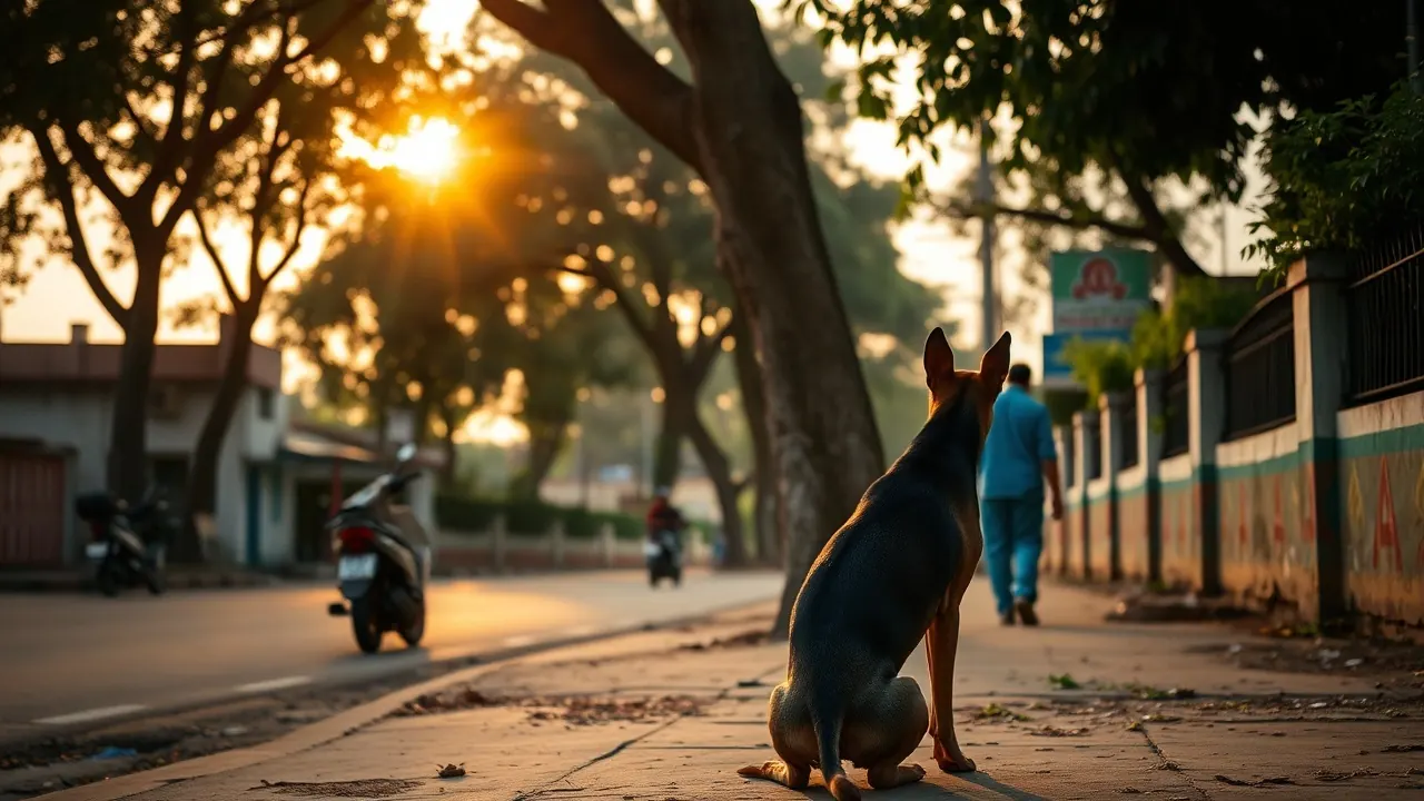 A calm community dog sits under a neem tree on a city street tracked for animal cruelty cases in India