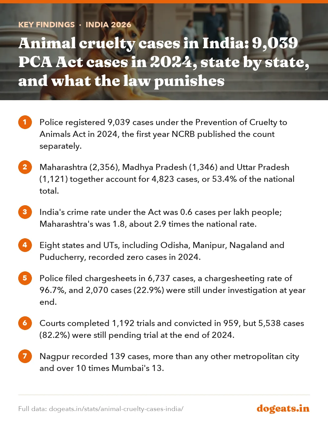 Key findings: Animal cruelty cases in India: 9,039 PCA Act cases in 2024, state by state, and what the law punishes