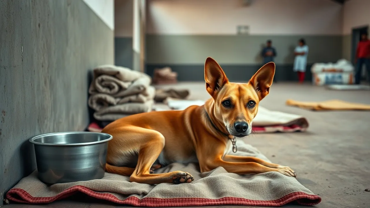 A tan indie dog rests on a blanket beside a water bowl in a school relief camp during Indian floods