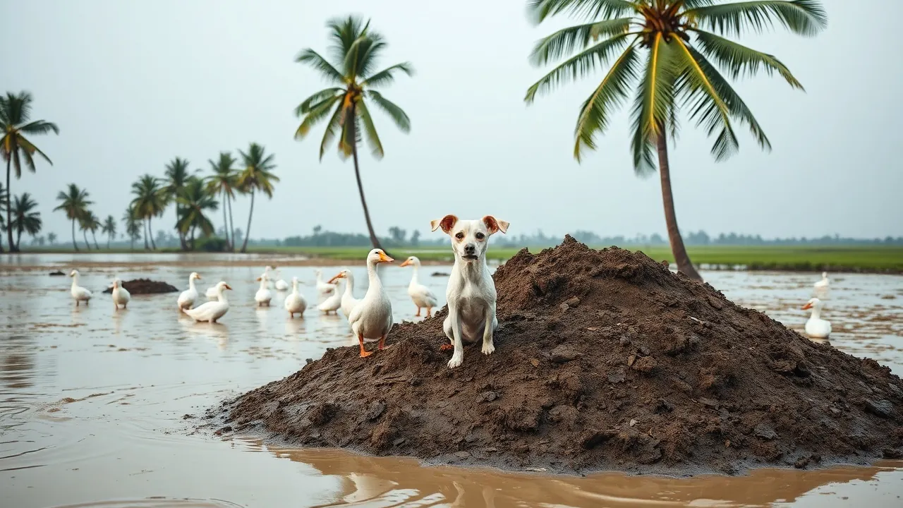 A cream indie dog and white ducks on a mud bank in Kerala backwaters, where Indian floods killed ducks