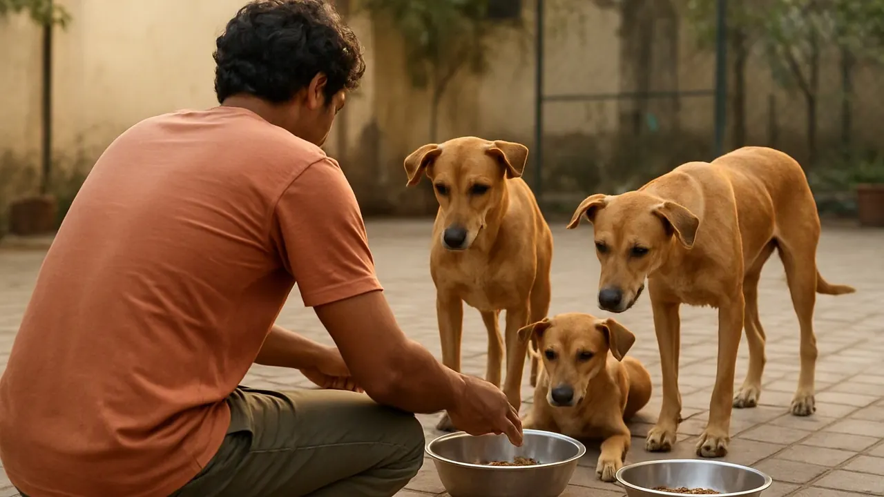A volunteer feeds three street dogs in a shelter courtyard, the kind of animal welfare work AWBI grants support
