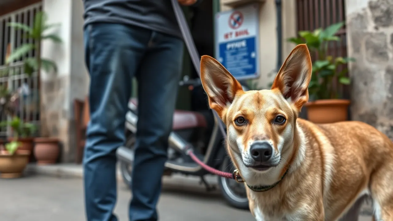A volunteer holds the lead of a fawn community dog outside a small neighbourhood animal clinic in India