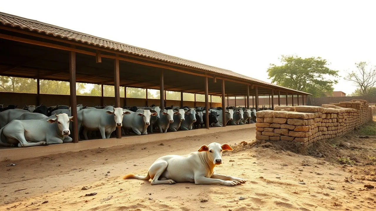 Cows rest in a long shed at a rural Rajasthan gaushala while a community dog lies in the sand