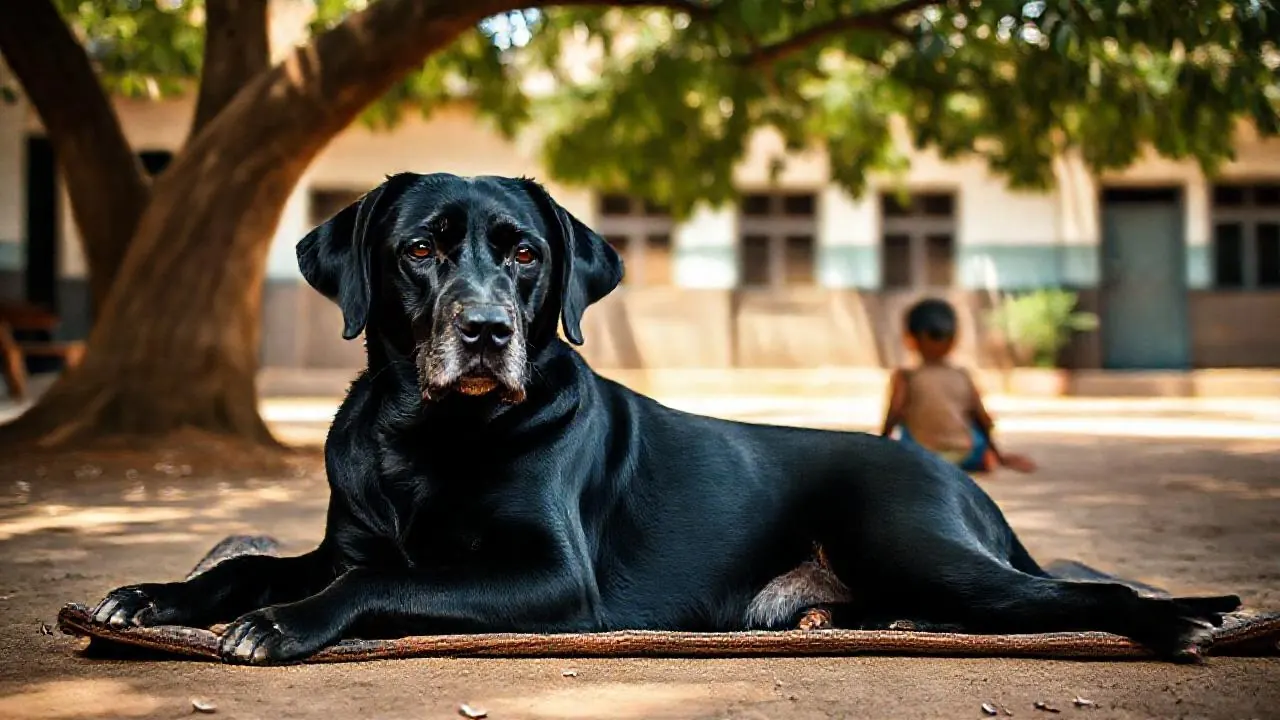 A greying Labrador rests beside a child at school, showing how retired army and police dogs in India are rehomed