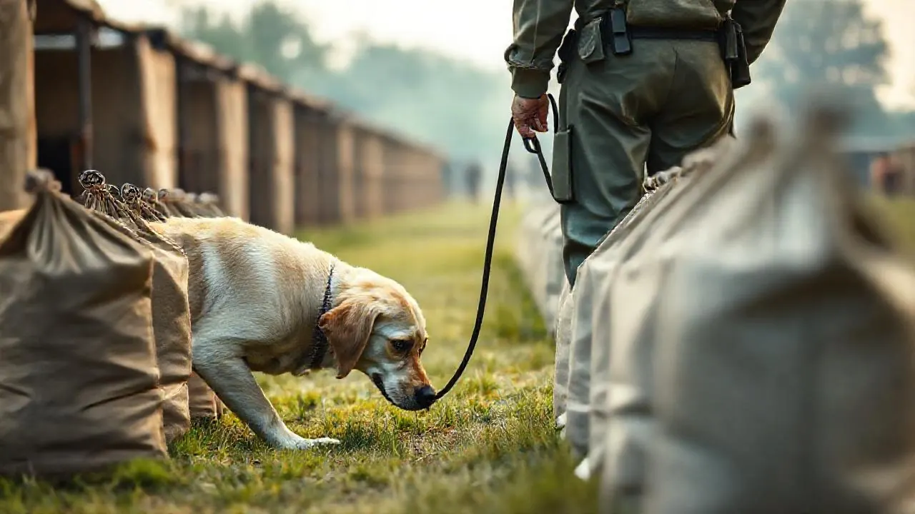 A Labrador sniffs canvas bags in a detection drill, a key breed among army and police dogs in India