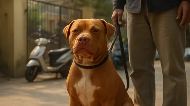 A calm brown Pit Bull sits on a leash beside its owner at the gate of an Indian housing colony