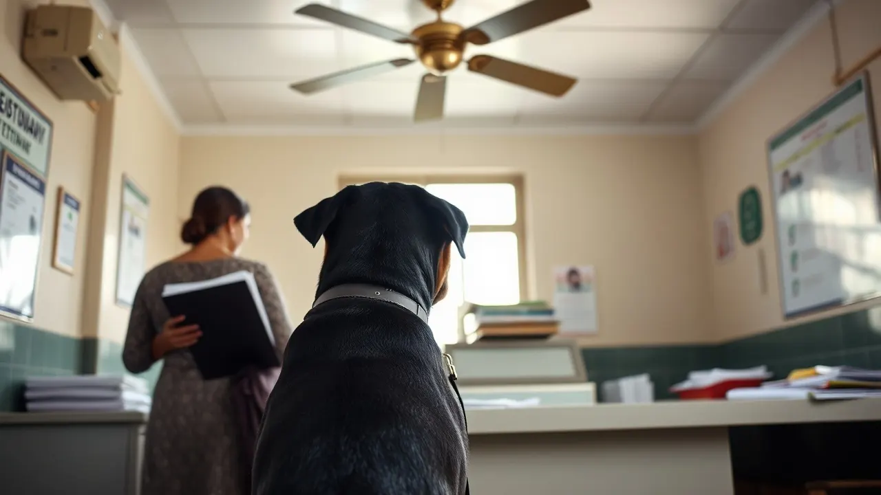 A Rottweiler waits on a leash beside its owner at a municipal registration counter in an Indian office