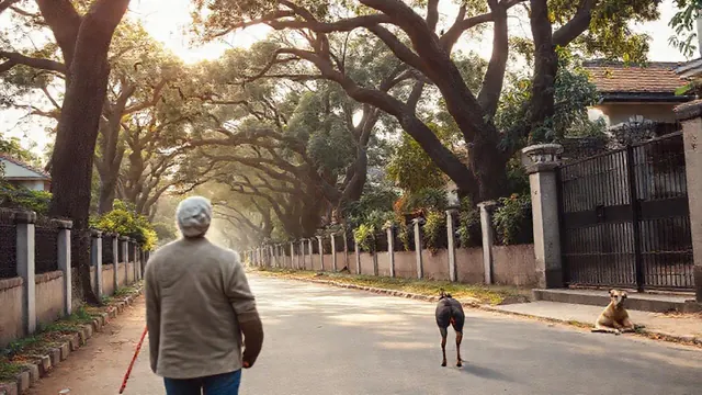 A Doberman walked on a leafy Bengaluru street while an Indian Pariah Dog rests by a gate