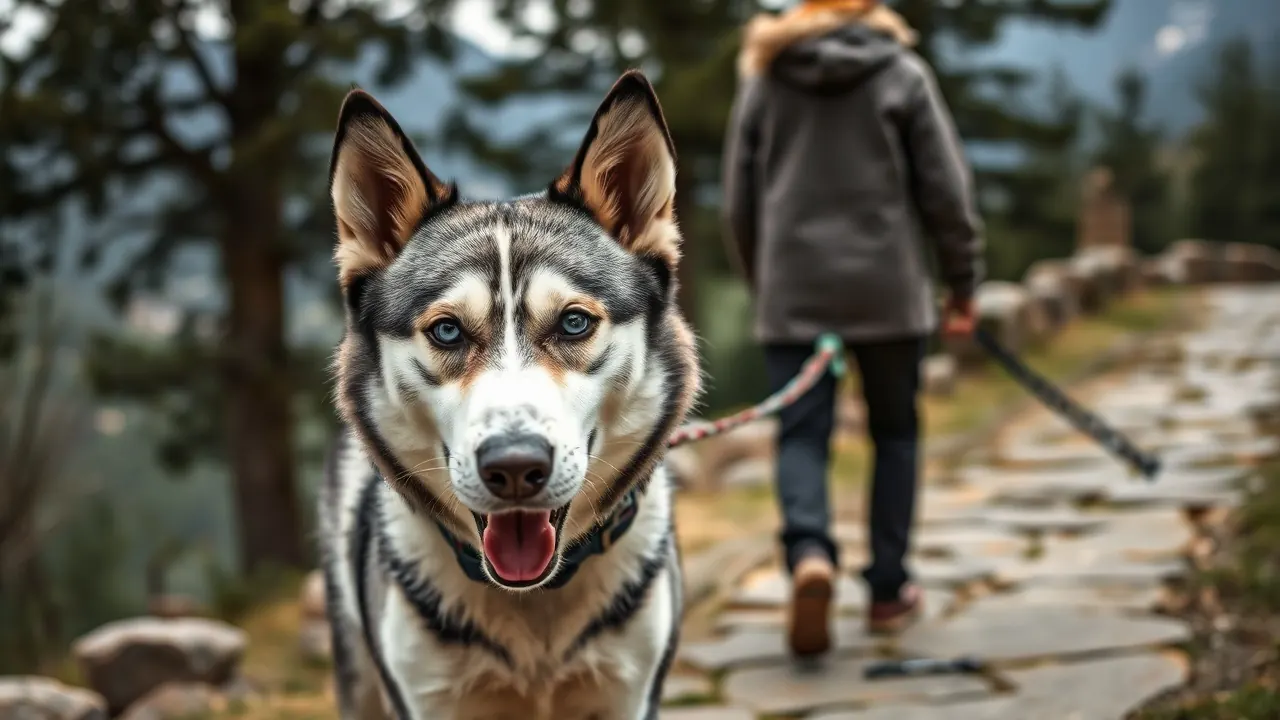 A Siberian Husky walking on a leash along a stone path in a Himalayan hill town with deodar trees