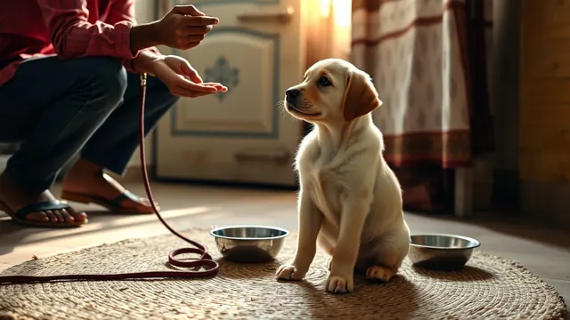 A Labrador puppy sitting attentively for a treat during a training session on a rug in an Indian home