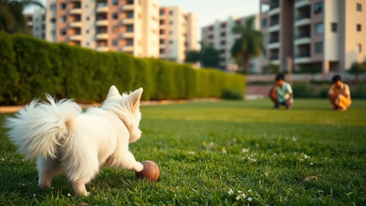 A white Indian Spitz playing with a ball on a lawn while two children watch from behind