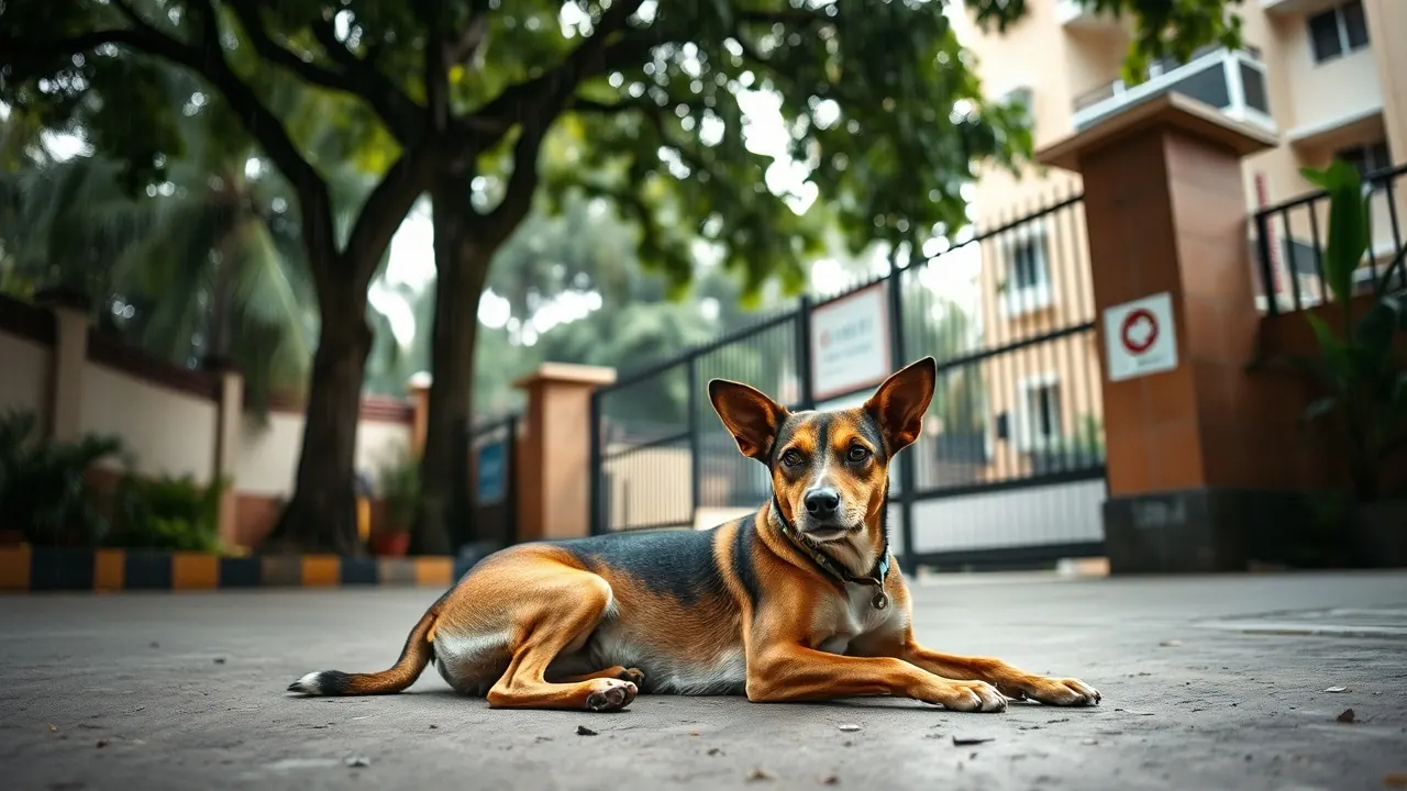 A calm street dog resting outside a Bengaluru apartment gate, local context for the best dog breeds for Bangalore apartments