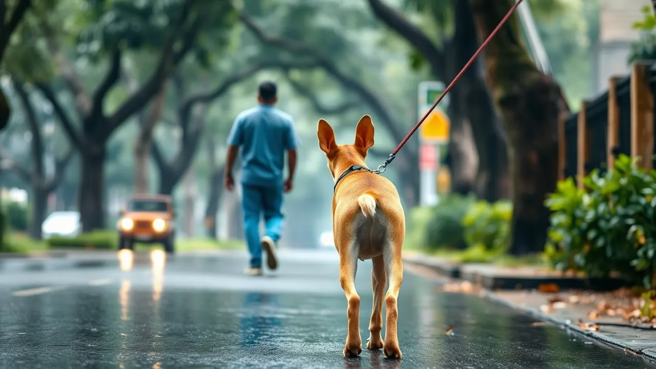 An owner walking an Indian Pariah Dog on a leafy wet Bengaluru street, a best dog breed for Bangalore apartments