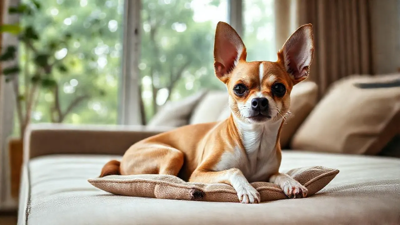 A Chihuahua resting on a sofa in a bright Bengaluru flat, ranked among the best dog breeds for Bangalore apartments