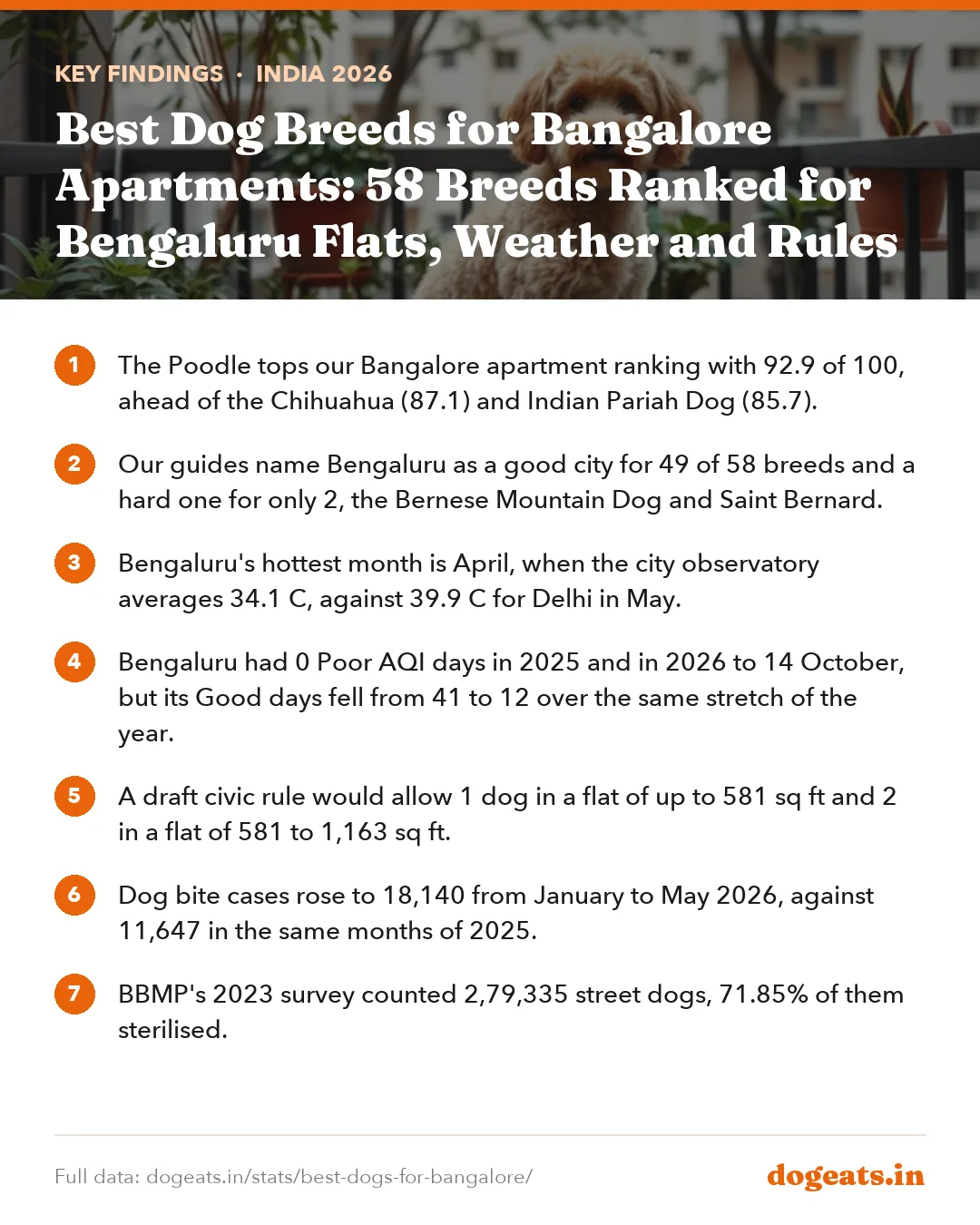 Key findings: Best Dog Breeds for Bangalore Apartments: 58 Breeds Ranked for Bengaluru Flats, Weather and Rules
