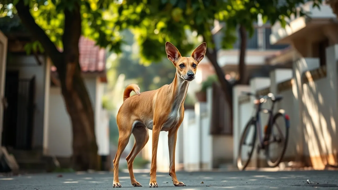 Fawn Indian Pariah dog resting in shade on a Chennai street, top of our best dogs for Chennai ranking