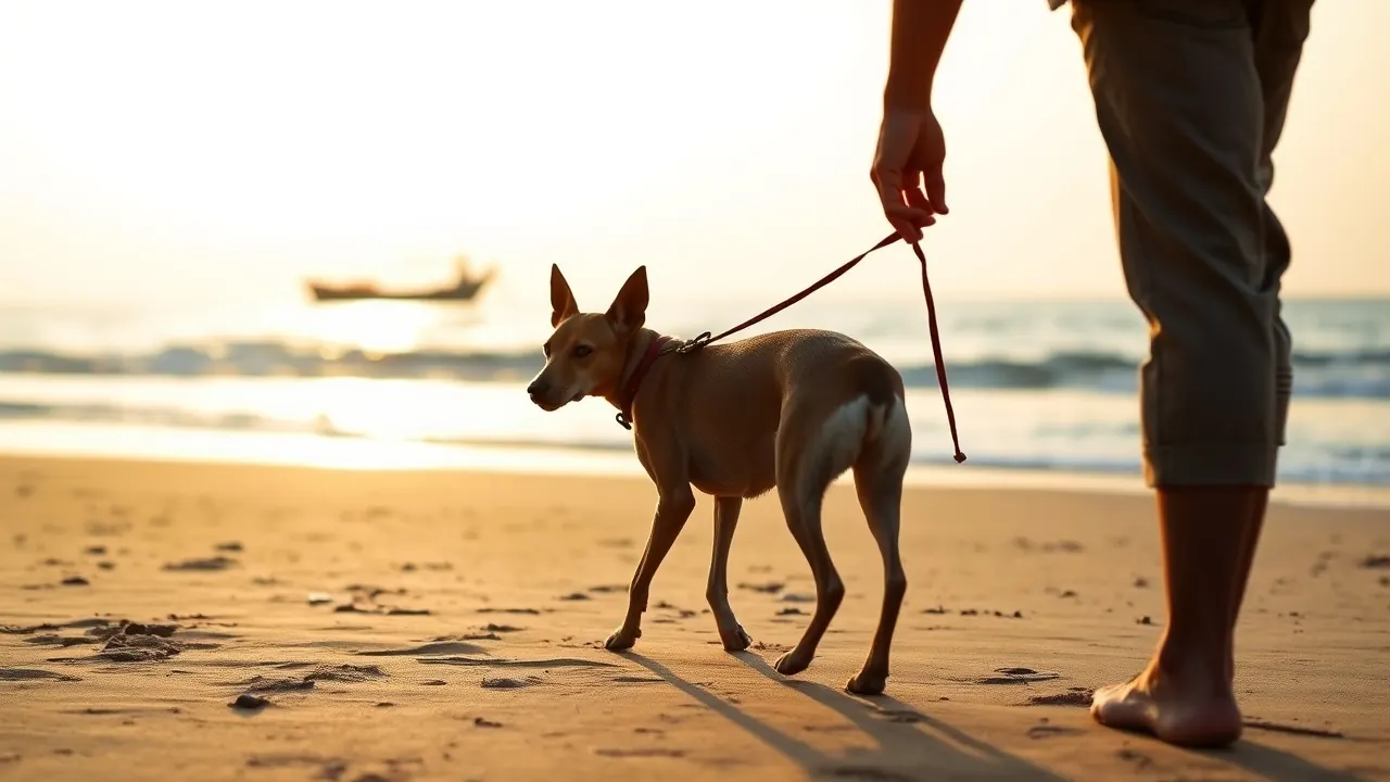 Owner walks a short-coated Indian dog on Chennai beach at dawn, safe hours for the best dogs for Chennai