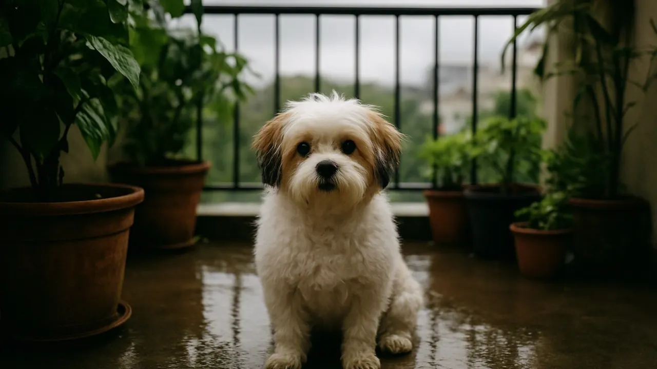 Small fluffy dog sits on a rain-wet Chennai balcony during the monsoon, a test for the best dogs for Chennai