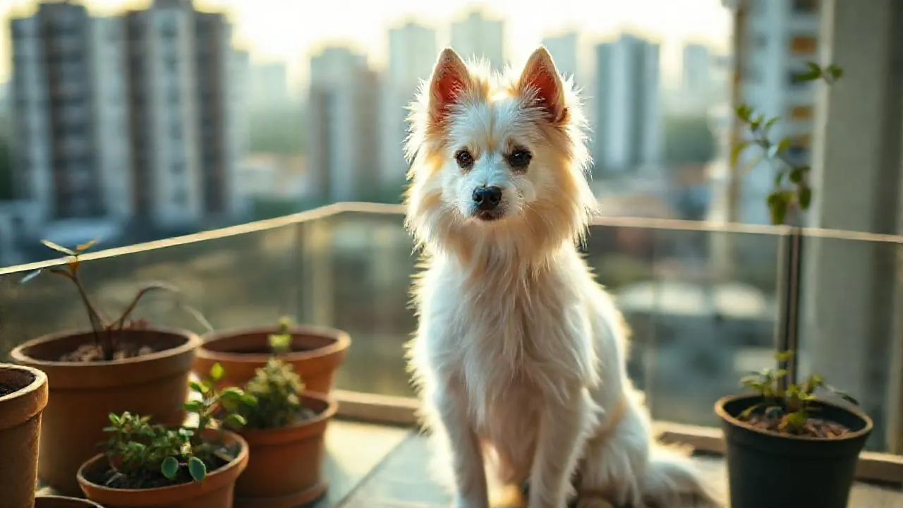 A cream Indian Spitz on a shaded Gurgaon balcony, ranked among the best dogs for Delhi and Gurgaon homes