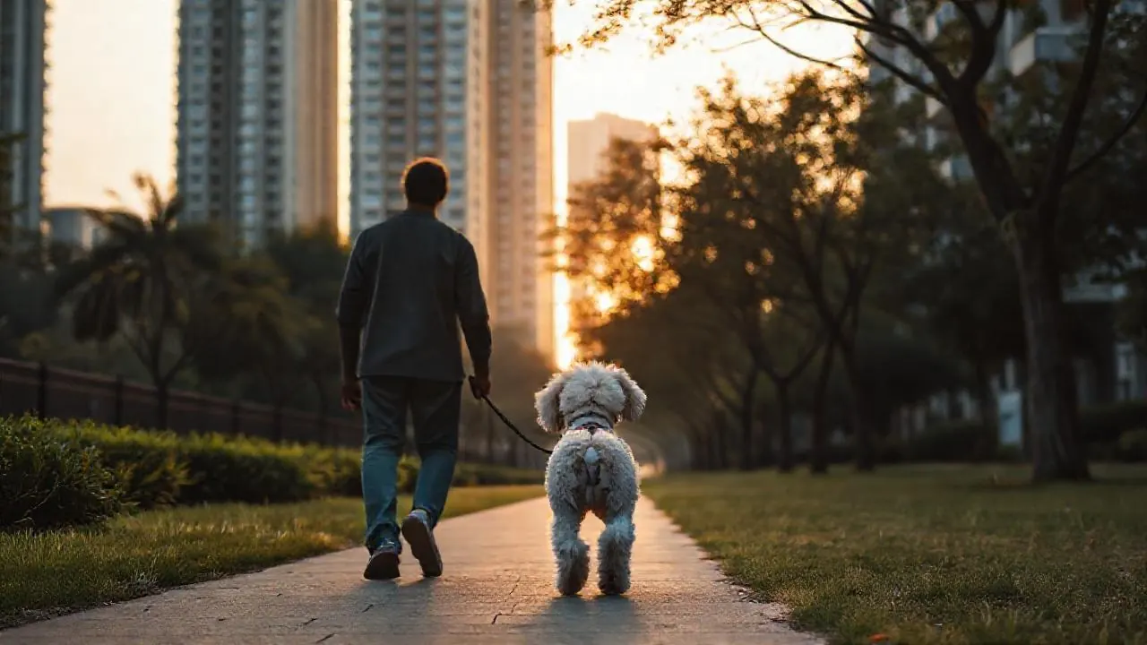 An owner walking a small Poodle past Gurgaon apartment towers at dawn, one of the best dogs for Delhi flats