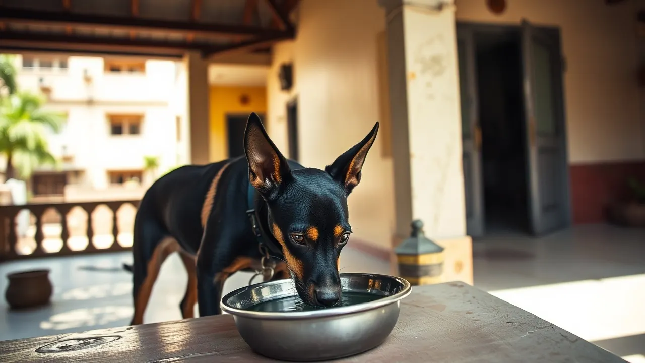 An Indian dog drinking water on a shaded Delhi verandah in summer, the best dog for Delhi heat