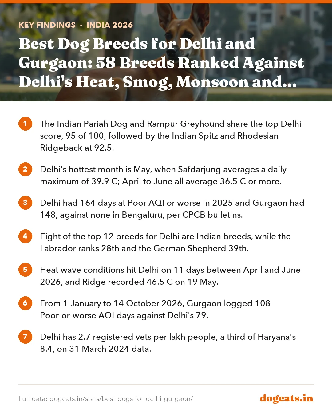Key findings: Best Dog Breeds for Delhi and Gurgaon: 58 Breeds Ranked Against Delhi's Heat, Smog, Monsoon and Winter