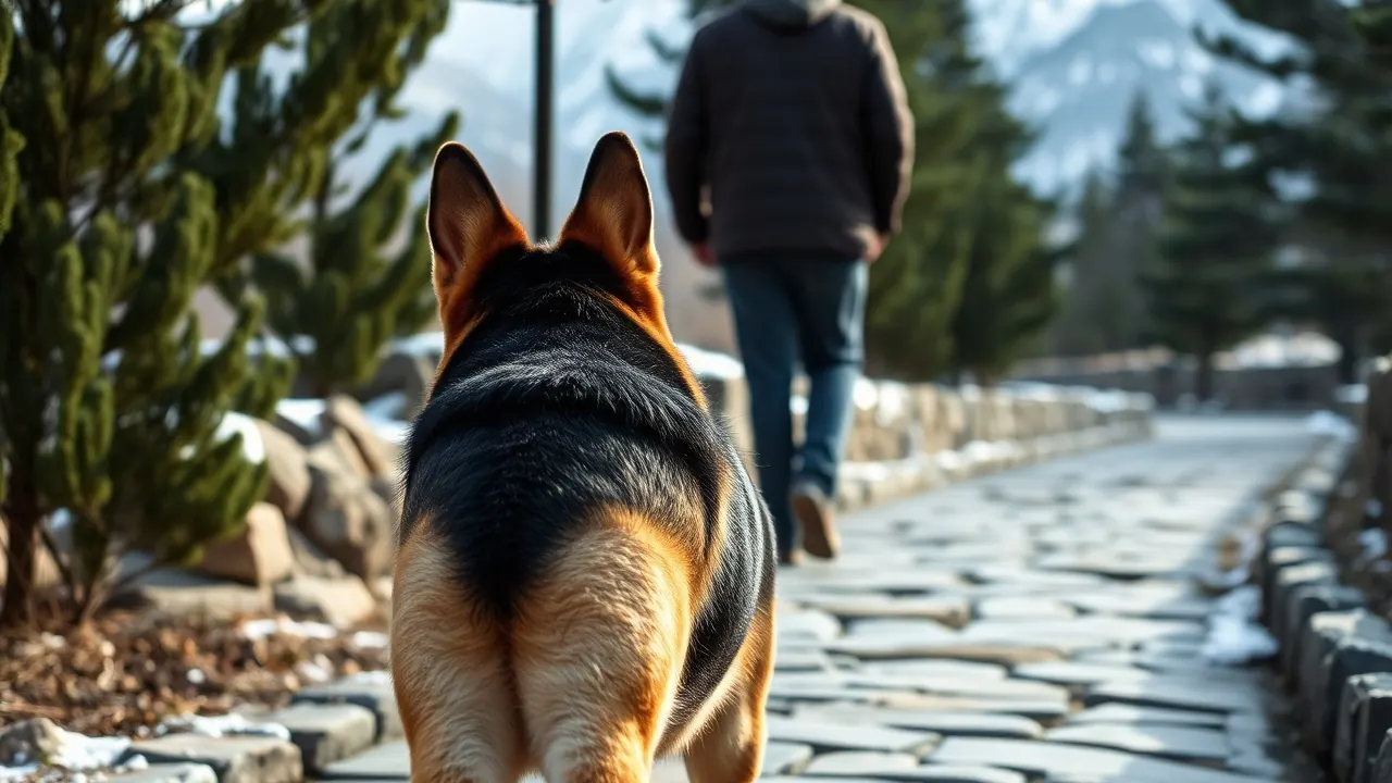 German Shepherd walking a deodar-lined stone path in a Himachal hill town, a best dog for hilly areas