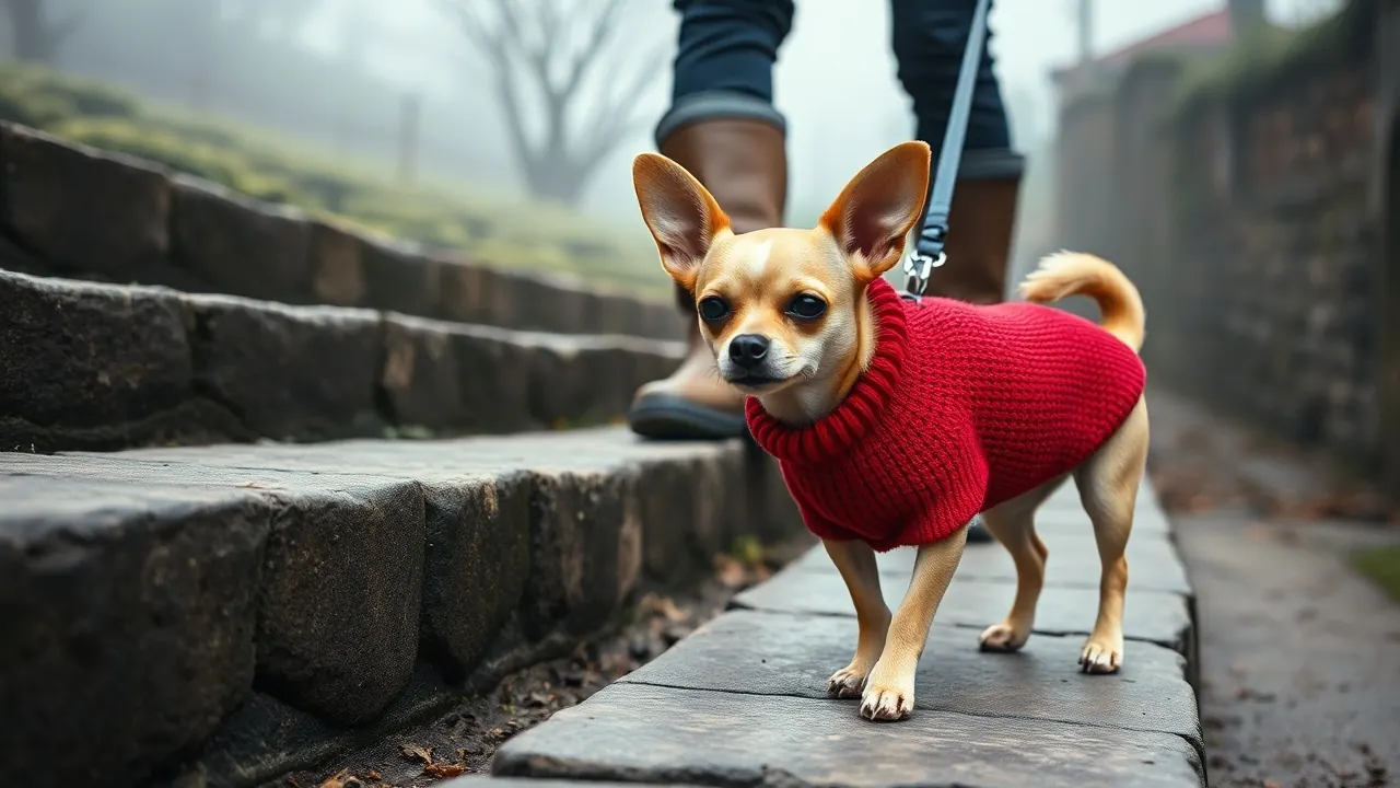 Chihuahua in a red knitted sweater on a misty Darjeeling lane, a small dog that needs care in hilly areas