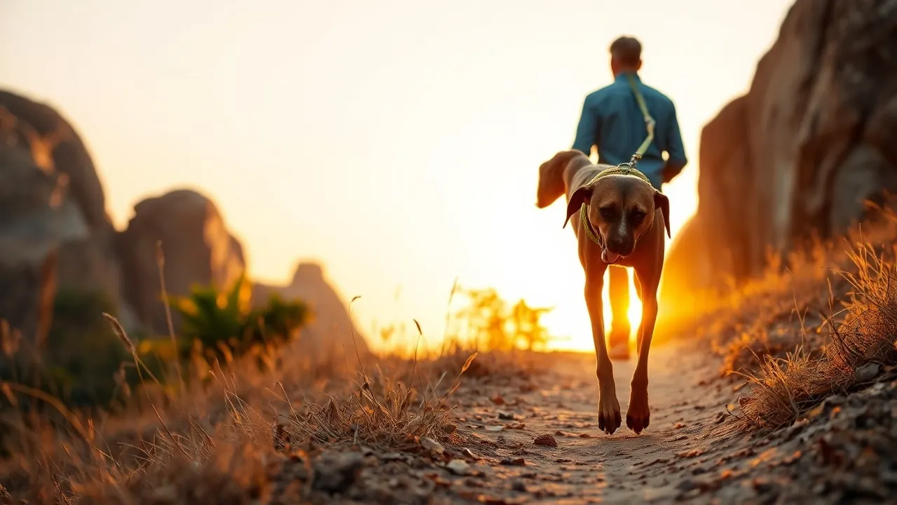 Owner walks a Mudhol Hound past granite rocks at sunrise, one of the best dogs for Hyderabad heat