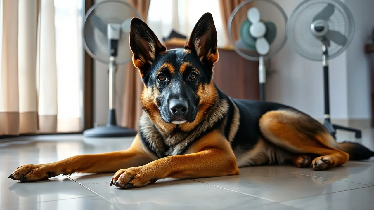 German Shepherd resting by a fan in a Hyderabad flat, one of the best dogs for Hyderabad with care