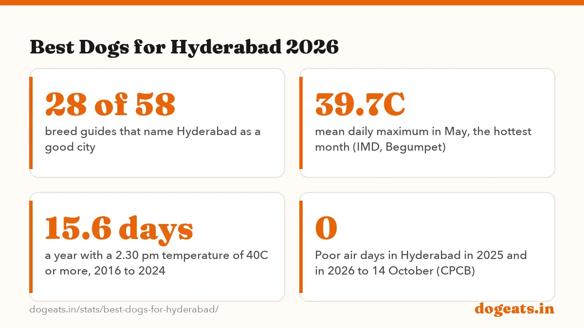 Best Dogs for Hyderabad 2026: 93.3 Hyderabad fit score of the Indian Pariah Dog, the top breed of 58