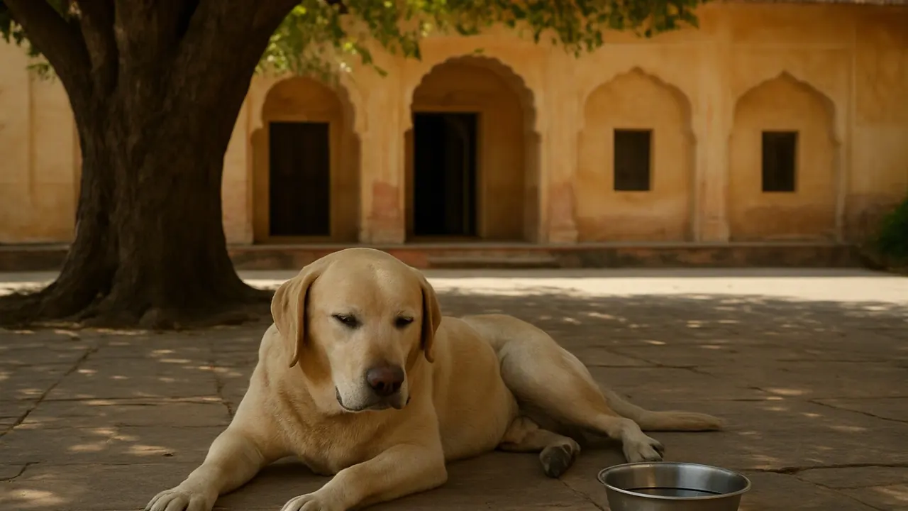 A yellow Labrador rests in a shaded bungalow courtyard, a family pick for best dog for villa in India