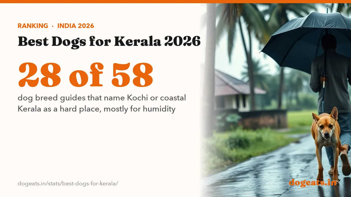 28 of 58 dog breed guides that name Kochi or coastal Kerala as a hard place, mostly for humidity