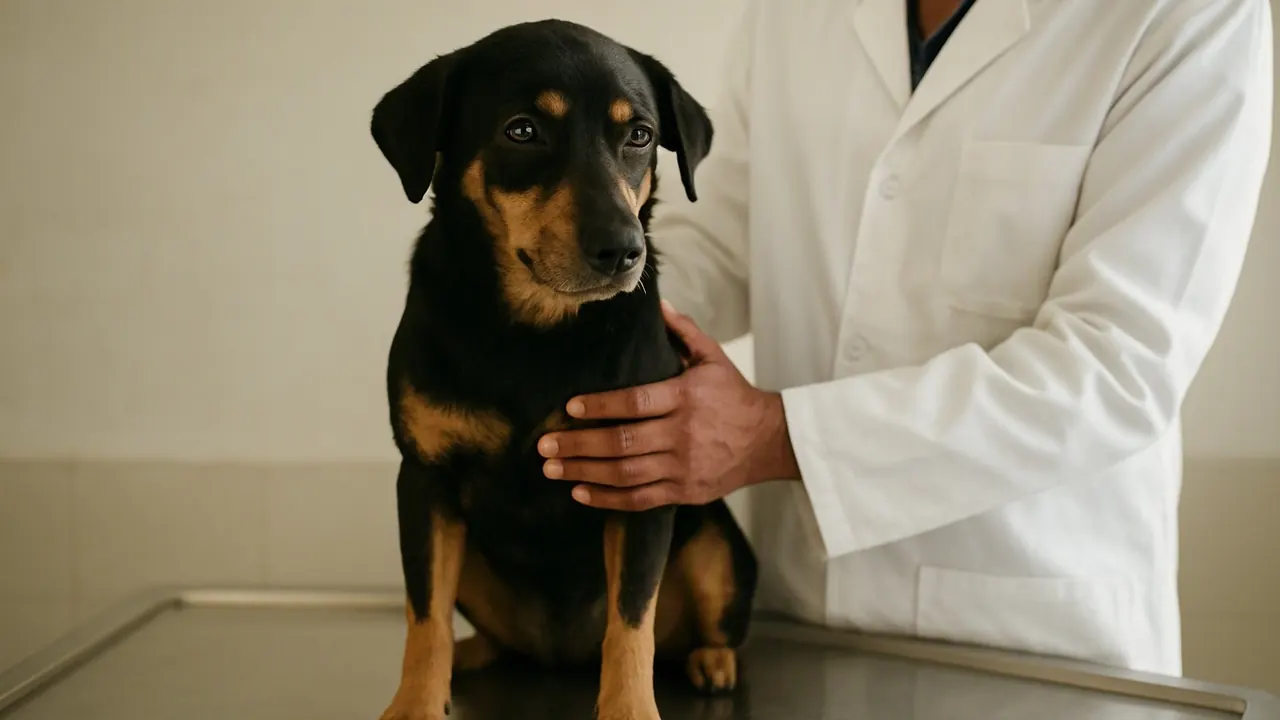 A calm black and tan indie dog at a Kerala vet clinic check-up, care for the best dogs for Kerala