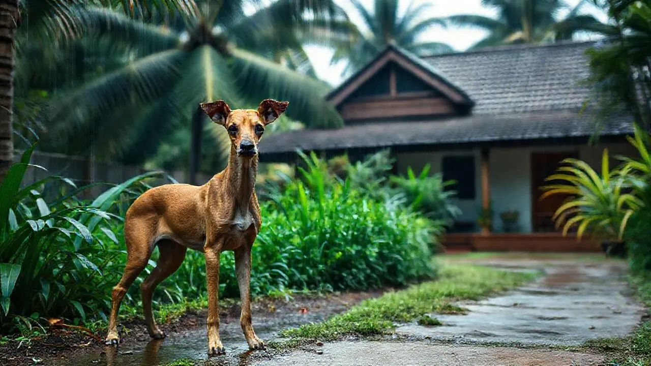 A fawn Chippiparai standing in a green Kerala backyard after rain, one of the best dogs for Kerala