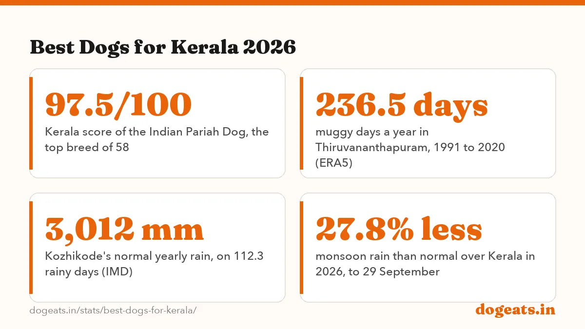Best Dogs for Kerala 2026: 28 of 58 dog breed guides that name Kochi or coastal Kerala as a hard place, mostly