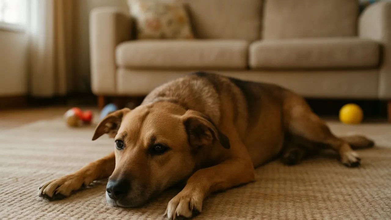 A calm medium-sized indie dog rests on a family living room rug, a good size among dog breeds for kids