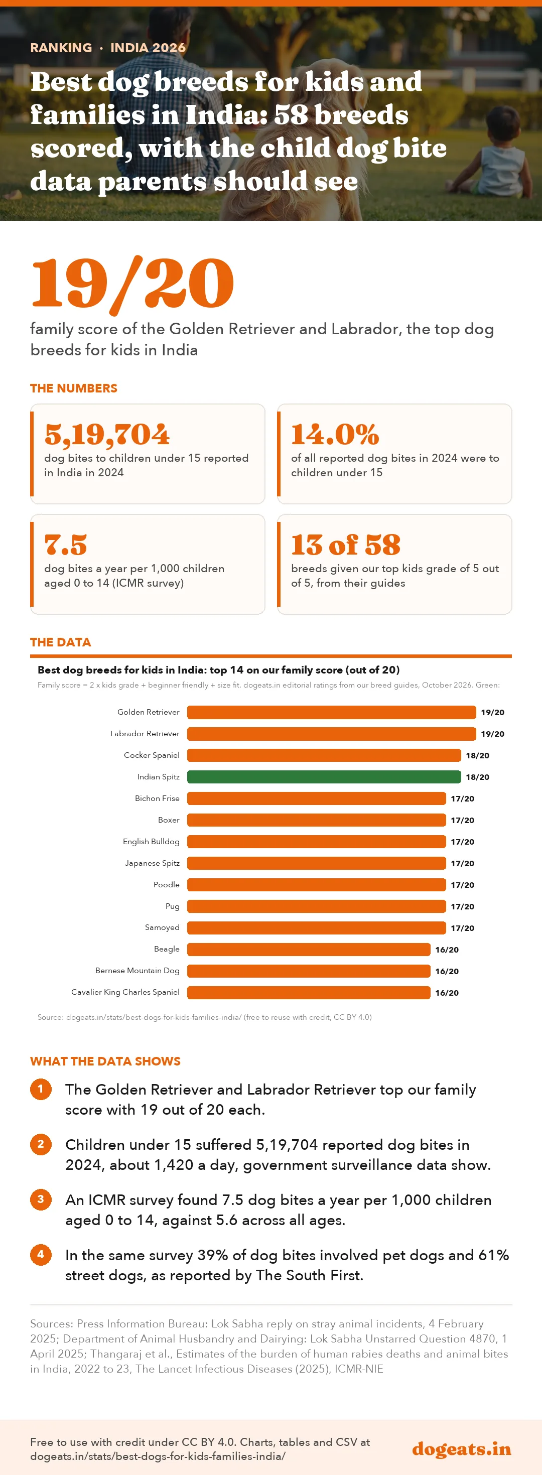Infographic: Best dog breeds for kids and families in India: 58 breeds scored, with the child dog bite data parents should see