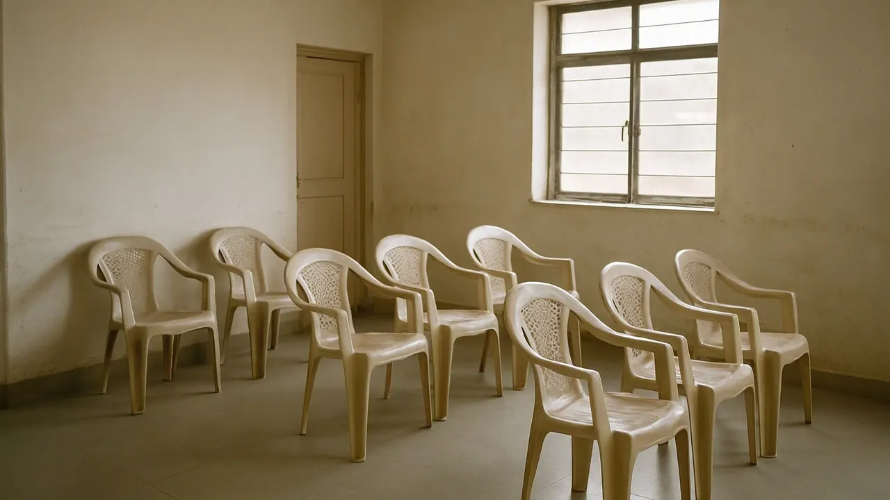 An empty Indian health clinic waiting room, where many child dog bites are treated, beside dog breeds for kids