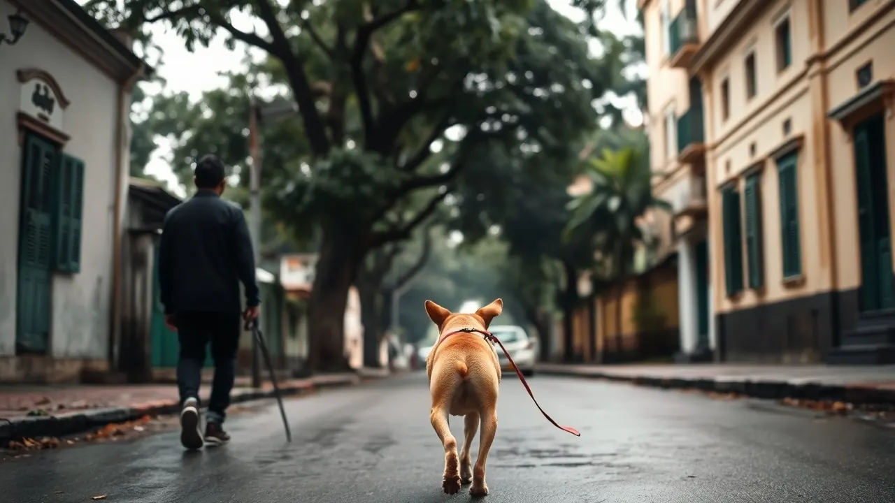 Owner walks an Indian Pariah dog down a wet Kolkata lane at dawn, top of the best dogs for Kolkata