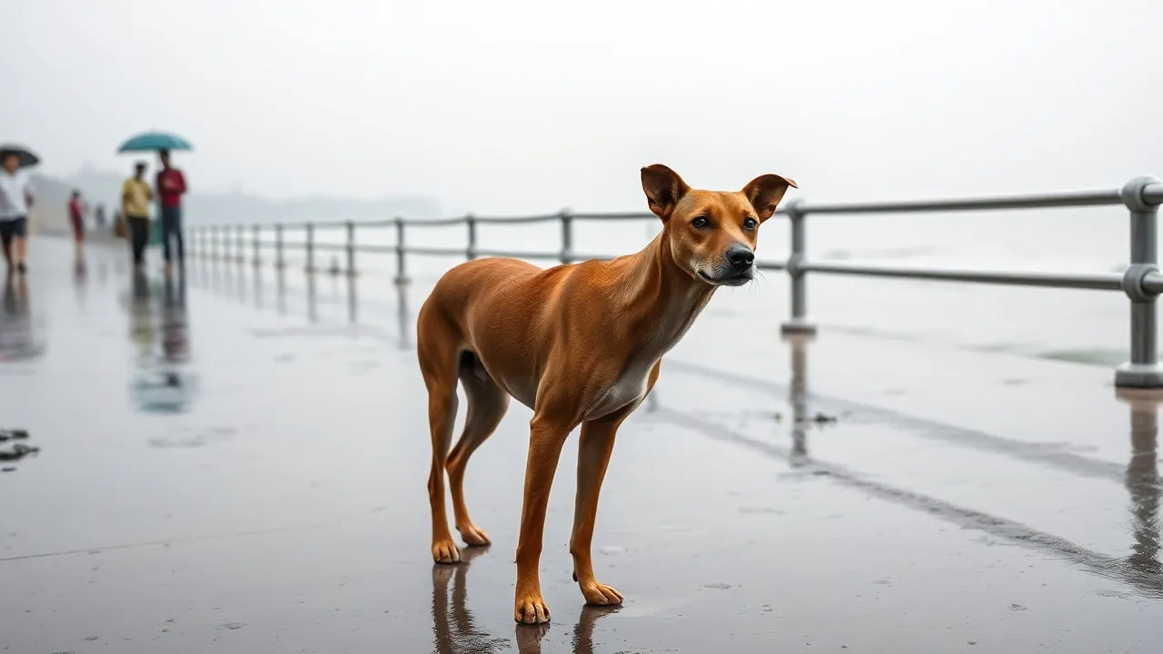 A brown Indian Pariah Dog on a wet Mumbai promenade in the monsoon, the best dog for Mumbai